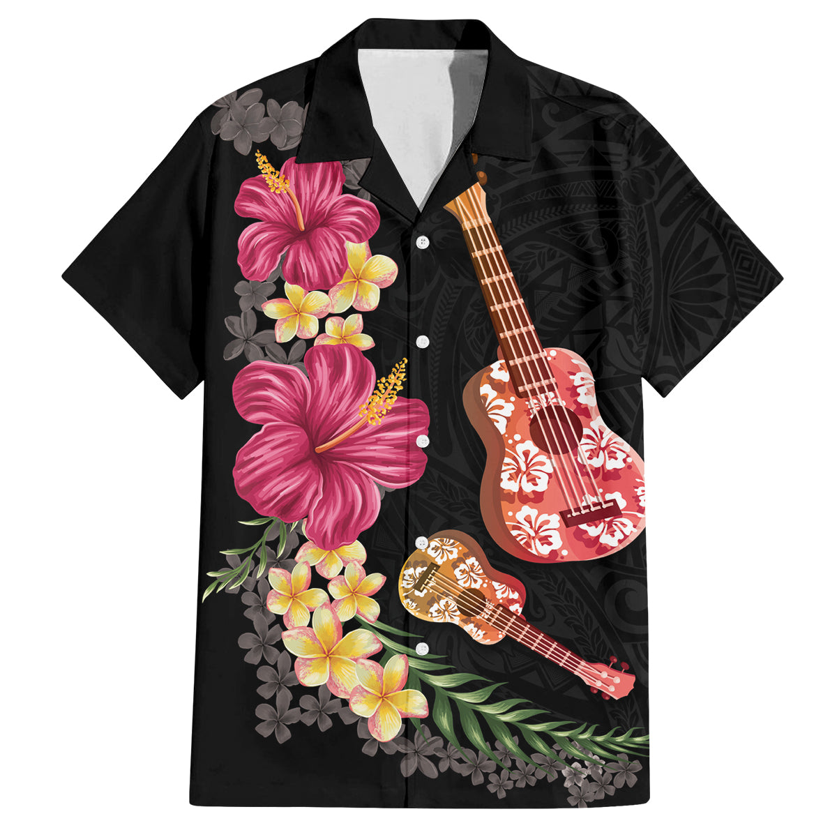 Ukulele mix Polynesian Flower Family Matching Long Sleeve Bodycon Dress and Hawaiian Shirt Hawaiian Tribal Pattern LT03 Dad's Shirt - Short Sleeve Black - Polynesian Pride