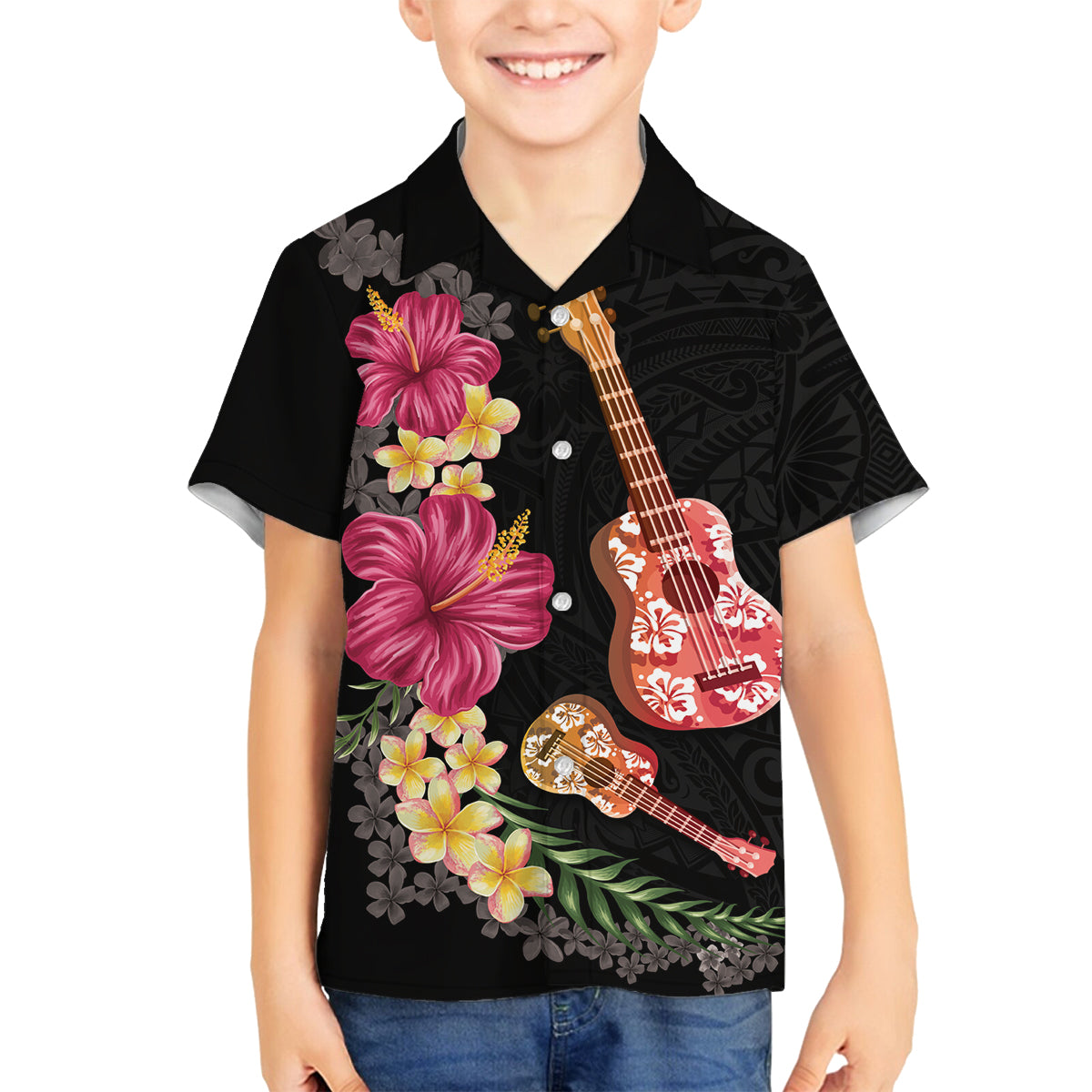 Ukulele mix Polynesian Flower Family Matching Long Sleeve Bodycon Dress and Hawaiian Shirt Hawaiian Tribal Pattern LT03 Son's Shirt Black - Polynesian Pride