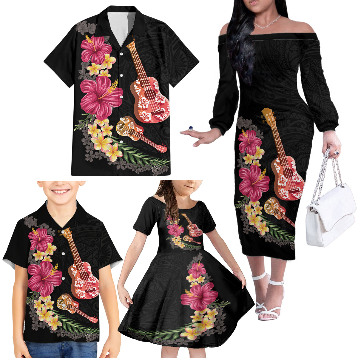 Ukulele mix Polynesian Flower Family Matching Off The Shoulder Long Sleeve Dress and Hawaiian Shirt Hawaiian Tribal Pattern LT03 - Polynesian Pride