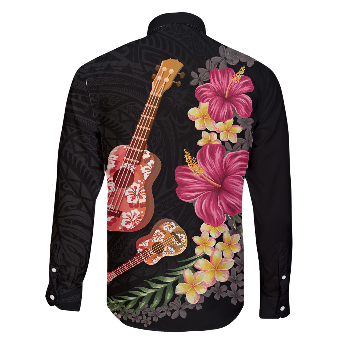 Ukulele mix Polynesian Flower Family Matching Off The Shoulder Long Sleeve Dress and Hawaiian Shirt Hawaiian Tribal Pattern LT03 - Polynesian Pride