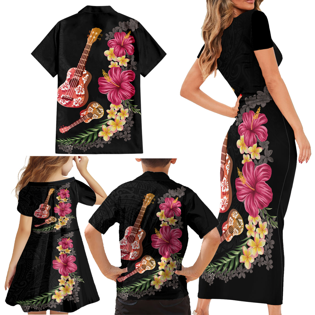 Ukulele mix Polynesian Flower Family Matching Short Sleeve Bodycon Dress and Hawaiian Shirt Hawaiian Tribal Pattern LT03 - Polynesian Pride