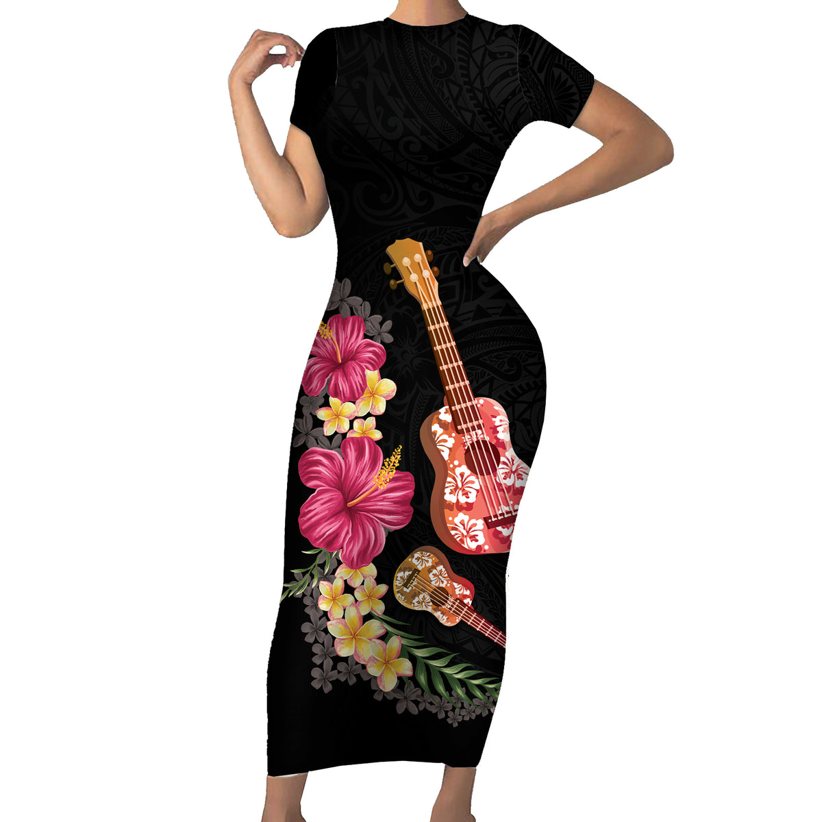 Ukulele mix Polynesian Flower Family Matching Short Sleeve Bodycon Dress and Hawaiian Shirt Hawaiian Tribal Pattern LT03 Mom's Dress Black - Polynesian Pride