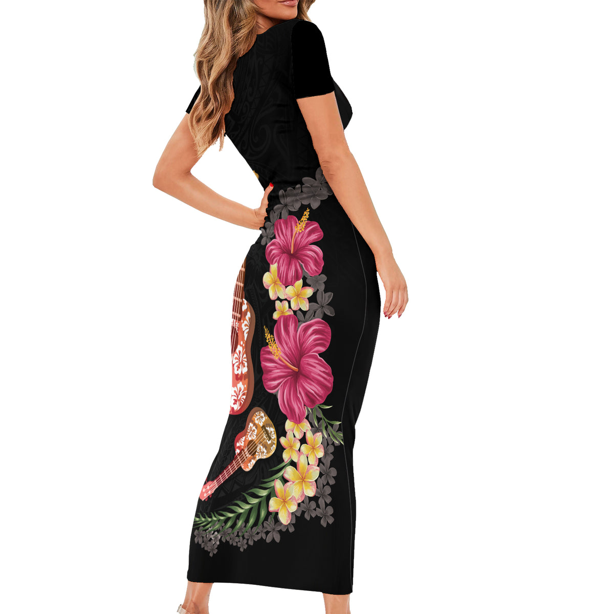 Ukulele mix Polynesian Flower Family Matching Short Sleeve Bodycon Dress and Hawaiian Shirt Hawaiian Tribal Pattern LT03 - Polynesian Pride