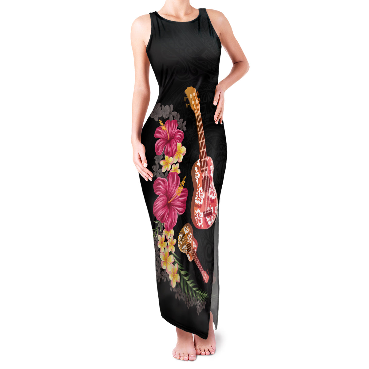 Ukulele mix Polynesian Flower Family Matching Tank Maxi Dress and Hawaiian Shirt Hawaiian Tribal Pattern