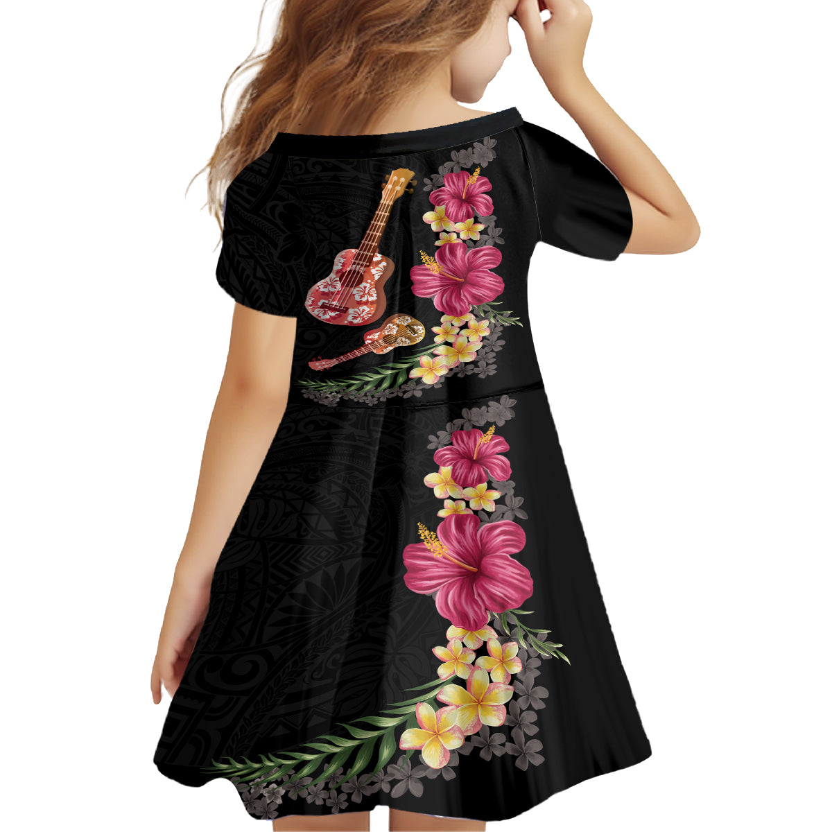 Ukulele mix Polynesian Flower Kid Short Sleeve Dress Hawaiian Tribal Pattern