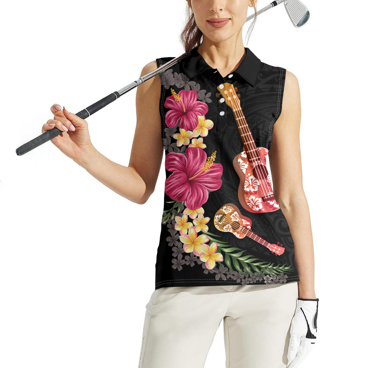 Ukulele mix Polynesian Flower Women Sleeveless Polo Shirt Hawaiian Tribal Pattern