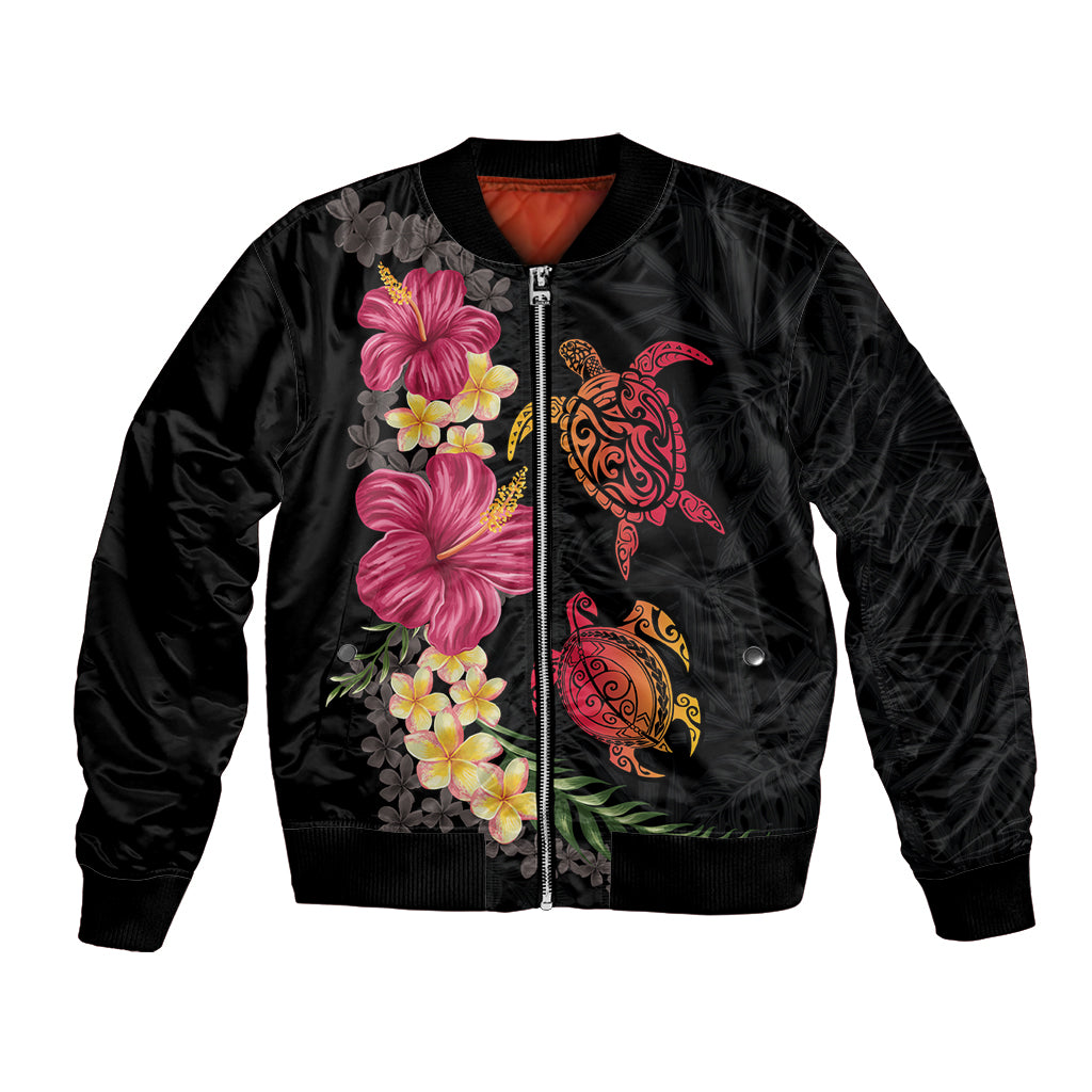 Hawaiian Flower and Tribal Turtle Bomber Jacket Colorful Style LT03 Unisex Black - Polynesian Pride