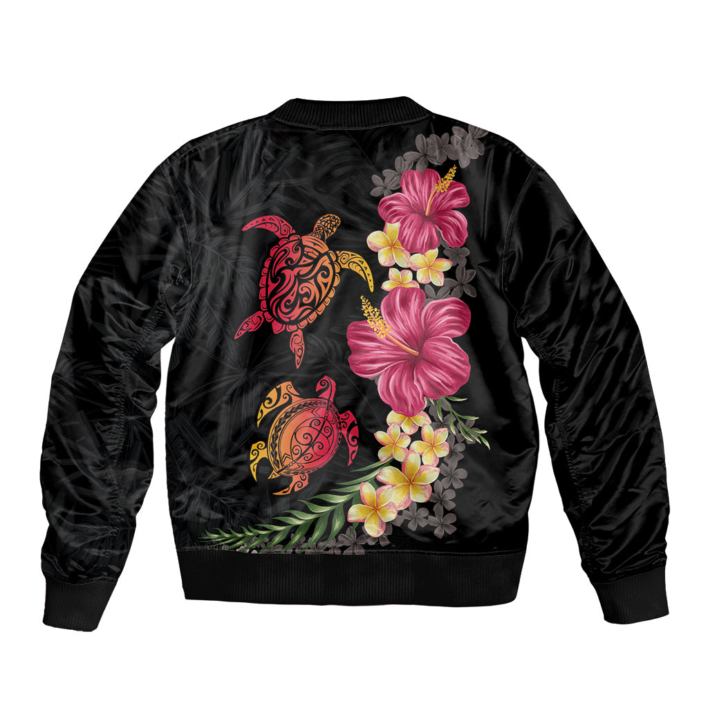Hawaiian Flower and Tribal Turtle Bomber Jacket Colorful Style