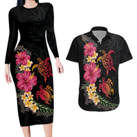 Hawaiian Flower and Tribal Turtle Couples Matching Long Sleeve Bodycon Dress and Hawaiian Shirt Colorful Style LT03 Black - Polynesian Pride