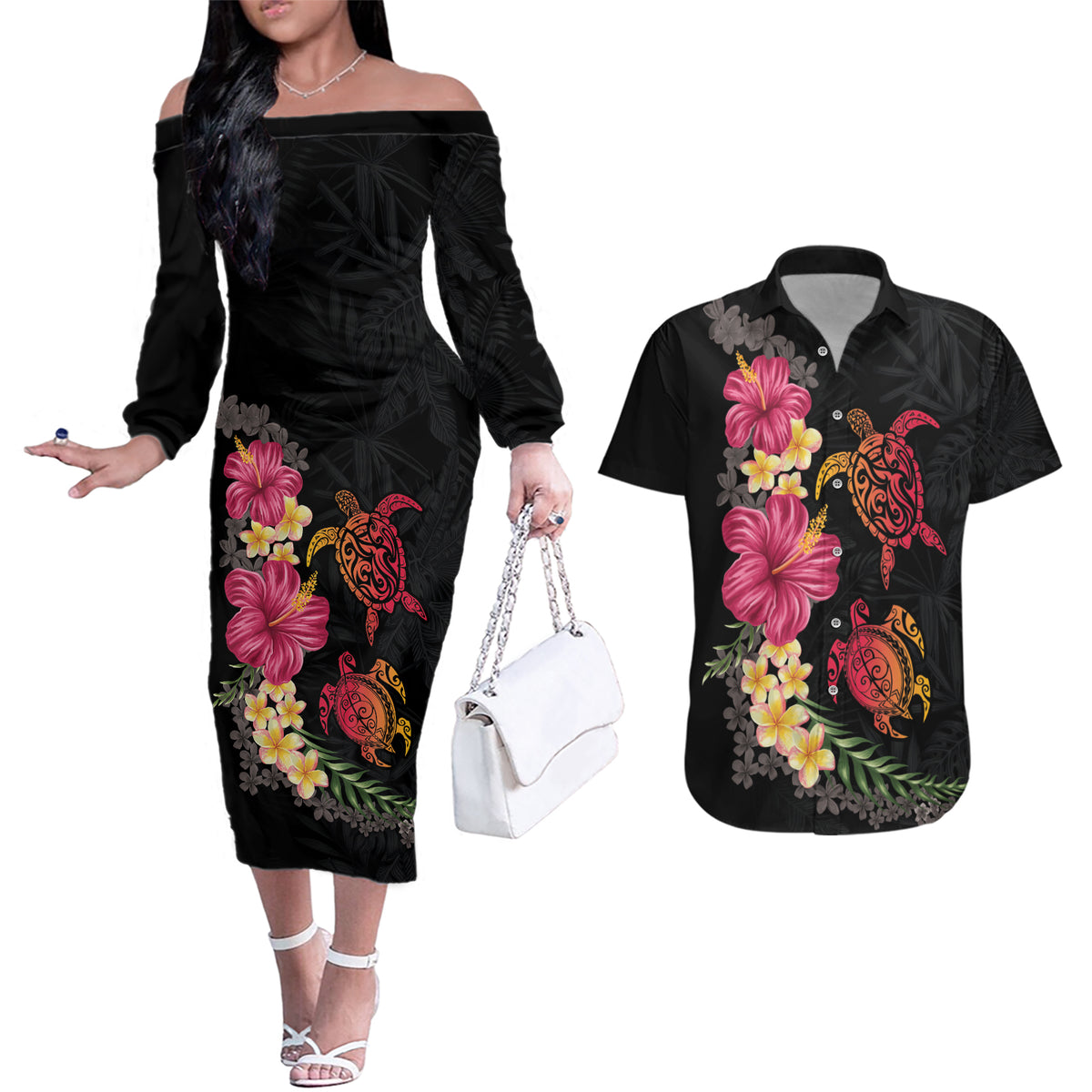 Hawaiian Flower and Tribal Turtle Couples Matching Off The Shoulder Long Sleeve Dress and Hawaiian Shirt Colorful Style LT03 Black - Polynesian Pride