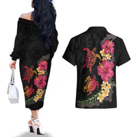 Hawaiian Flower and Tribal Turtle Couples Matching Off The Shoulder Long Sleeve Dress and Hawaiian Shirt Colorful Style LT03 - Polynesian Pride