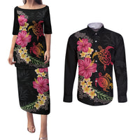 Hawaiian Flower and Tribal Turtle Couples Matching Puletasi and Long Sleeve Button Shirt Colorful Style