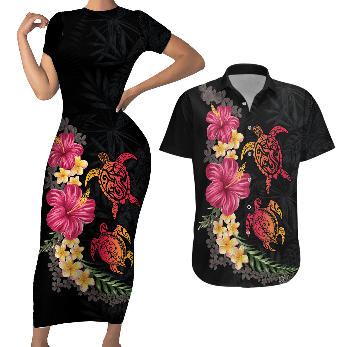 Hawaiian Flower and Tribal Turtle Couples Matching Short Sleeve Bodycon Dress and Hawaiian Shirt Colorful Style LT03 Black - Polynesian Pride