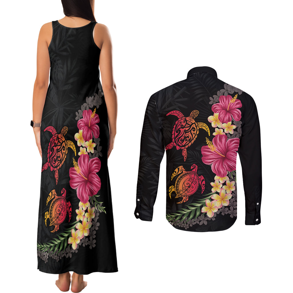 Hawaiian Flower and Tribal Turtle Couples Matching Tank Maxi Dress and Long Sleeve Button Shirt Colorful Style