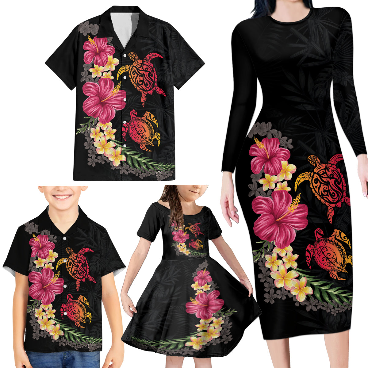 Hawaiian Flower and Tribal Turtle Family Matching Long Sleeve Bodycon Dress and Hawaiian Shirt Colorful Style LT03 - Polynesian Pride