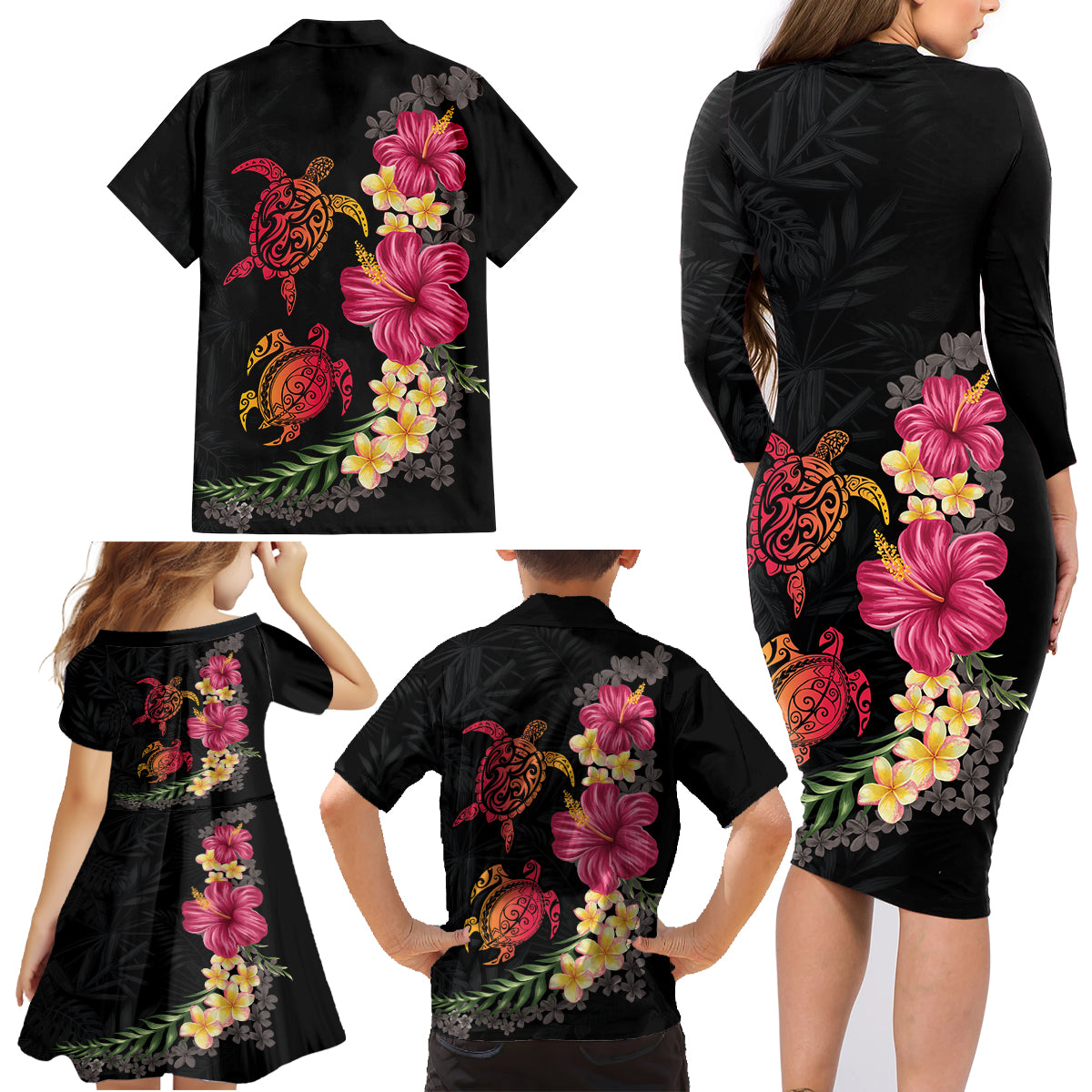 Hawaiian Flower and Tribal Turtle Family Matching Long Sleeve Bodycon Dress and Hawaiian Shirt Colorful Style LT03 - Polynesian Pride