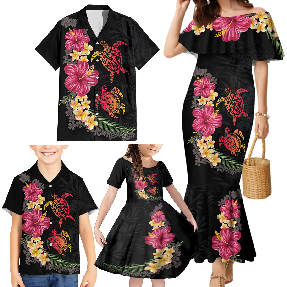 Hawaiian Flower and Tribal Turtle Family Matching Mermaid Dress and Hawaiian Shirt Colorful Style LT03 - Polynesian Pride