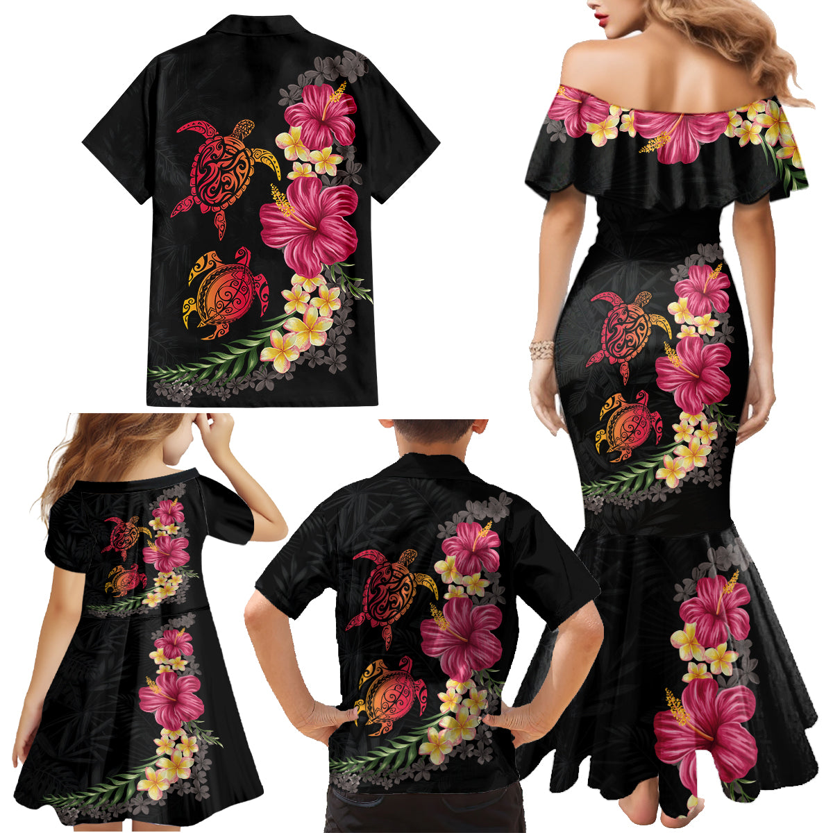 Hawaiian Flower and Tribal Turtle Family Matching Mermaid Dress and Hawaiian Shirt Colorful Style LT03 - Polynesian Pride