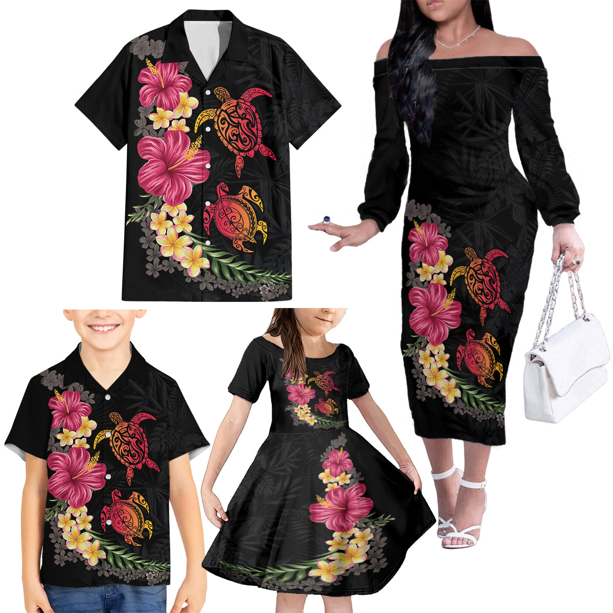 Hawaiian Flower and Tribal Turtle Family Matching Off The Shoulder Long Sleeve Dress and Hawaiian Shirt Colorful Style LT03 - Polynesian Pride