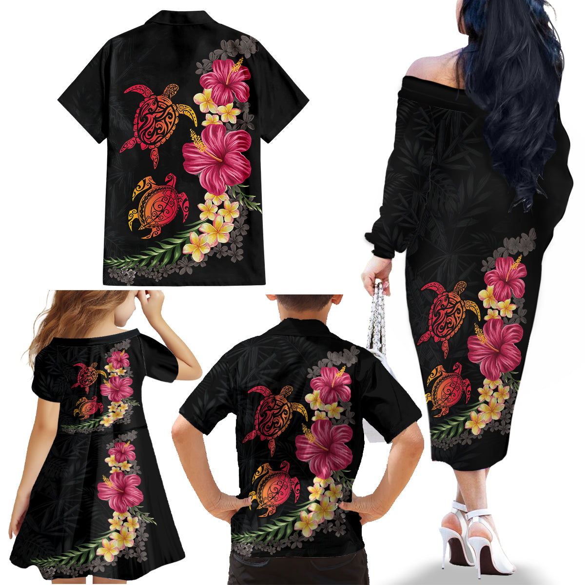 Hawaiian Flower and Tribal Turtle Family Matching Off The Shoulder Long Sleeve Dress and Hawaiian Shirt Colorful Style LT03 - Polynesian Pride