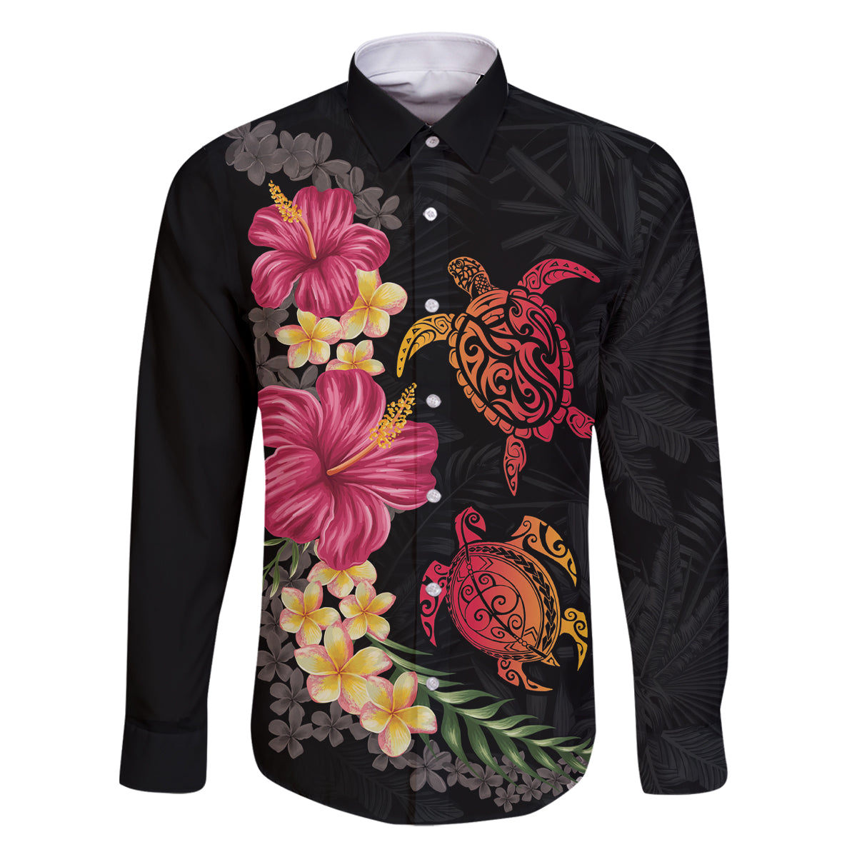 Hawaiian Flower and Tribal Turtle Family Matching Off The Shoulder Long Sleeve Dress and Hawaiian Shirt Colorful Style LT03 Dad's Shirt - Long Sleeve Black - Polynesian Pride