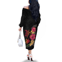 Hawaiian Flower and Tribal Turtle Family Matching Off The Shoulder Long Sleeve Dress and Hawaiian Shirt Colorful Style LT03 - Polynesian Pride