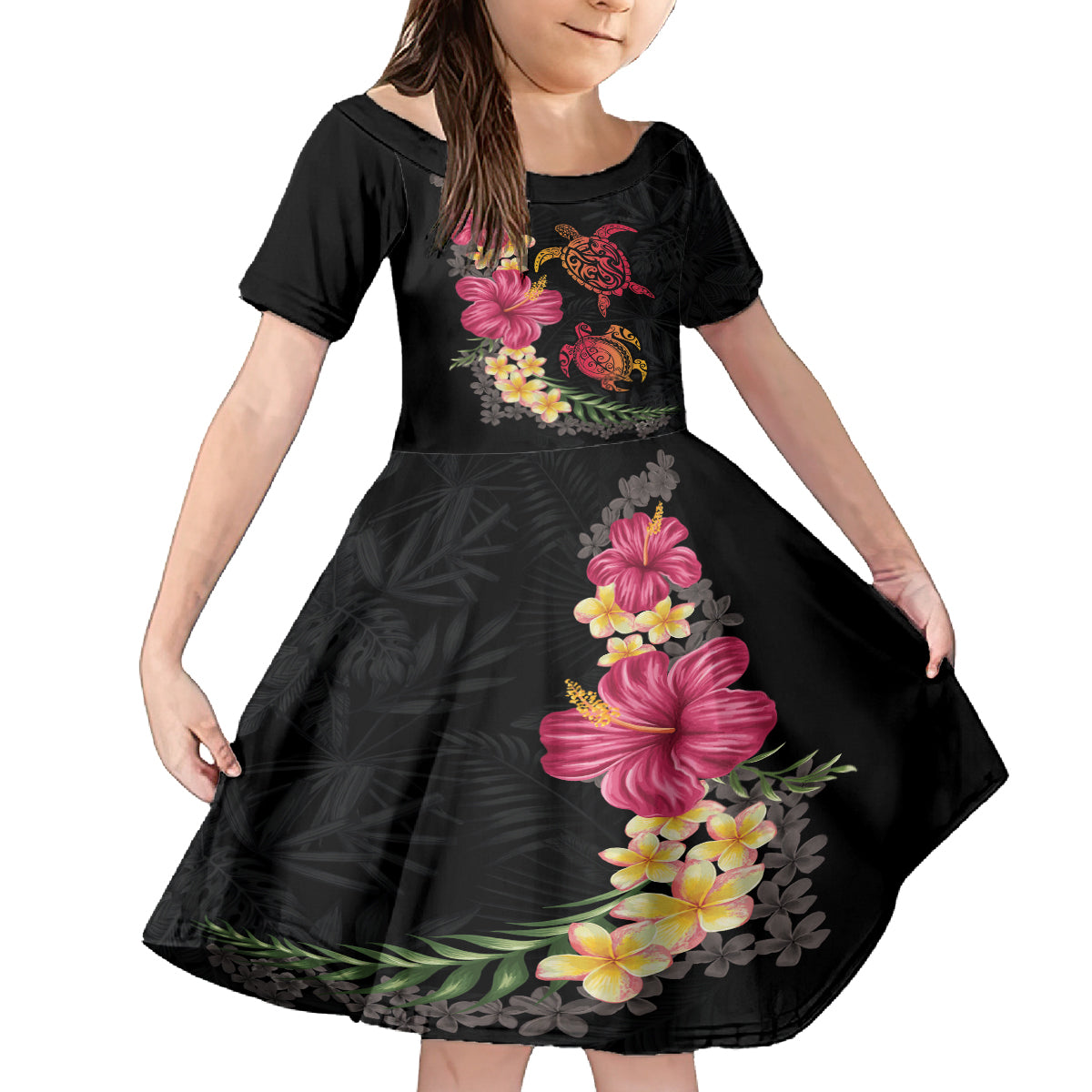 Hawaiian Flower and Tribal Turtle Family Matching Off Shoulder Maxi Dress and Hawaiian Shirt Colorful Style LT03 Daughter's Dress Black - Polynesian Pride