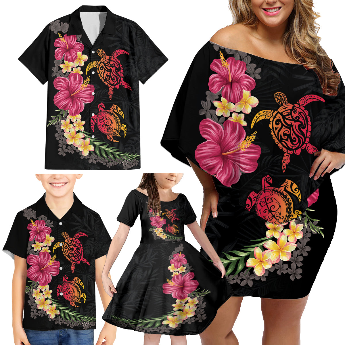 Hawaiian Flower and Tribal Turtle Family Matching Off Shoulder Short Dress and Hawaiian Shirt Colorful Style LT03 - Polynesian Pride