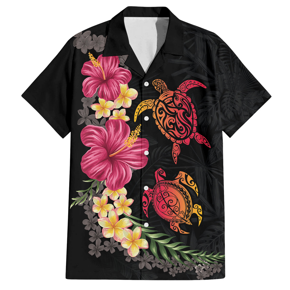 Hawaiian Flower and Tribal Turtle Family Matching Off Shoulder Short Dress and Hawaiian Shirt Colorful Style LT03 Dad's Shirt - Short Sleeve Black - Polynesian Pride