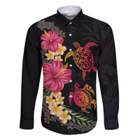 Hawaiian Flower and Tribal Turtle Family Matching Off Shoulder Short Dress and Hawaiian Shirt Colorful Style LT03 Dad's Shirt - Long Sleeve Black - Polynesian Pride
