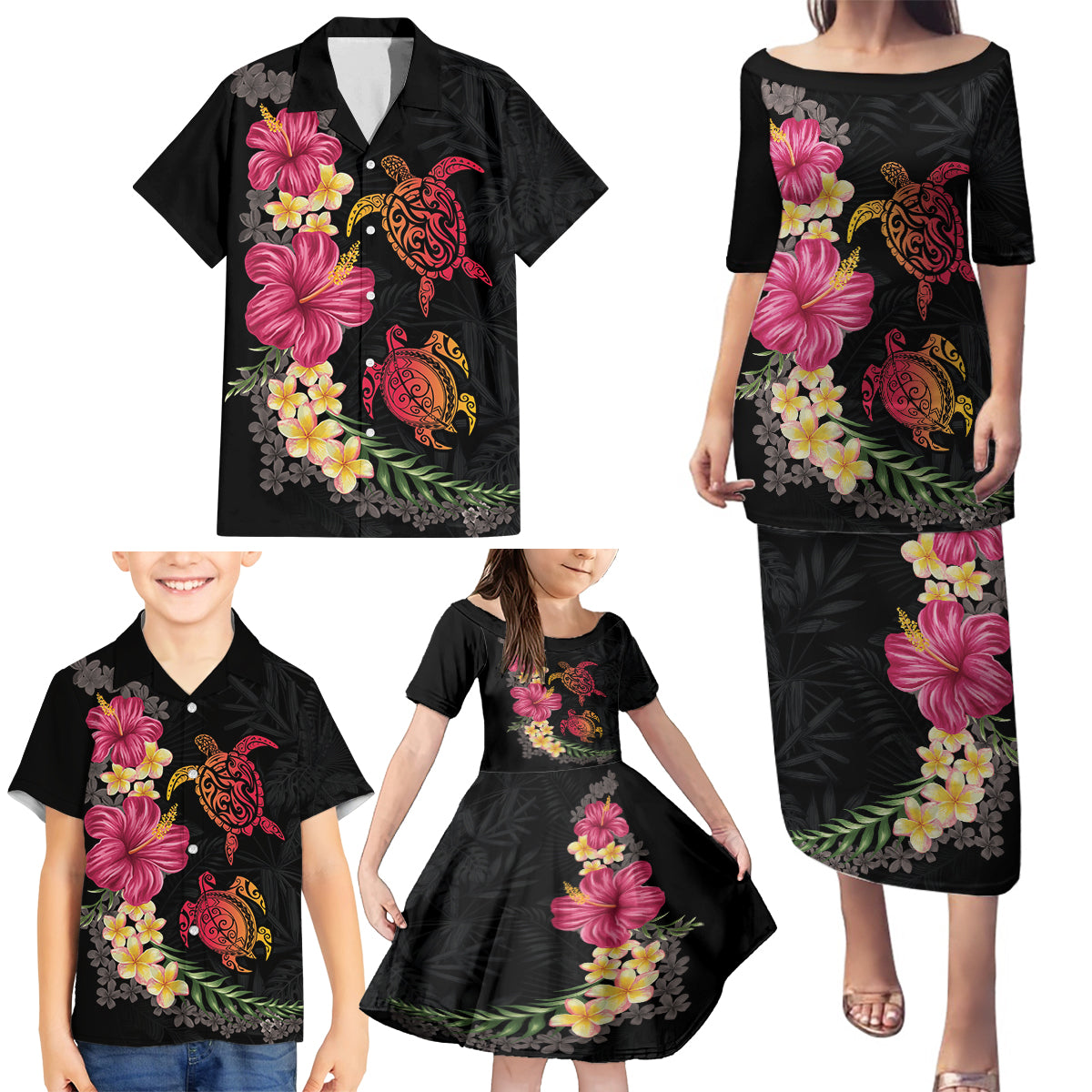 Hawaiian Flower and Tribal Turtle Family Matching Puletasi and Hawaiian Shirt Colorful Style LT03 - Polynesian Pride