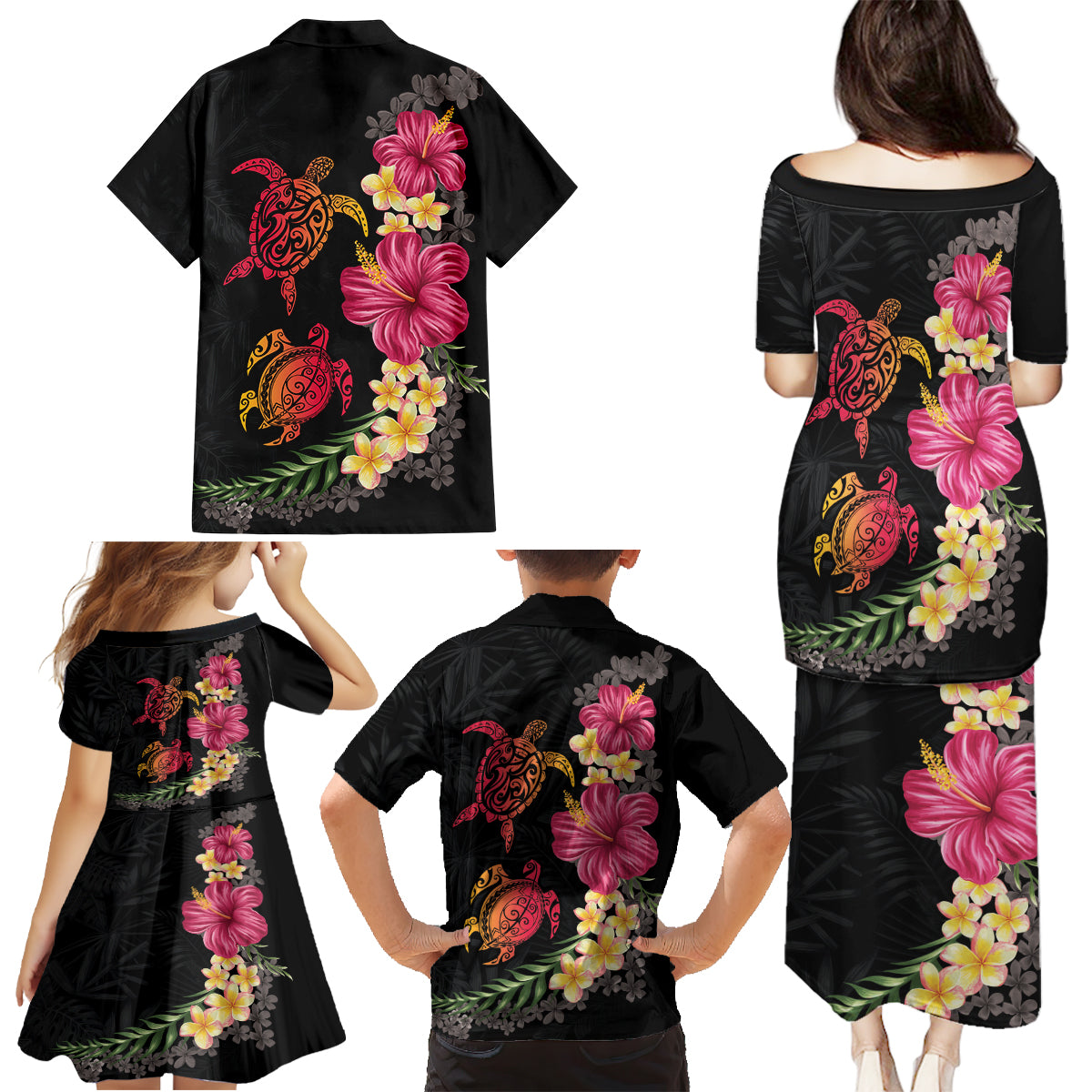 Hawaiian Flower and Tribal Turtle Family Matching Puletasi and Hawaiian Shirt Colorful Style LT03 - Polynesian Pride