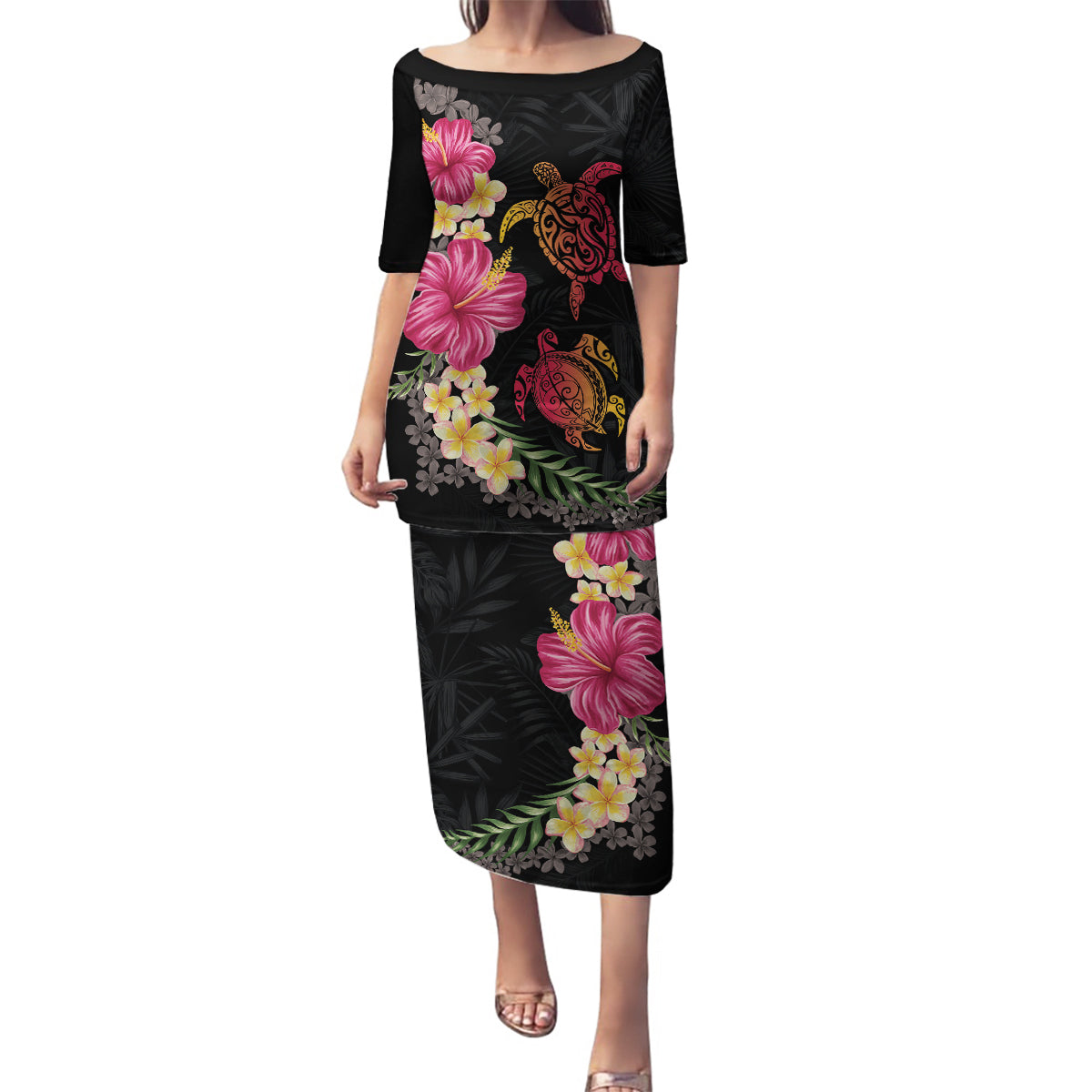 Hawaiian Flower and Tribal Turtle Family Matching Puletasi and Hawaiian Shirt Colorful Style LT03 Mom's Dress Black - Polynesian Pride
