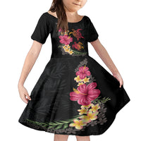 Hawaiian Flower and Tribal Turtle Family Matching Short Sleeve Bodycon Dress and Hawaiian Shirt Colorful Style LT03 Daughter's Dress Black - Polynesian Pride