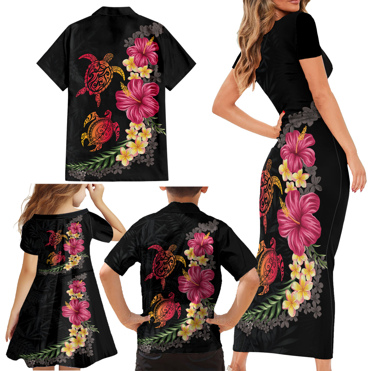 Hawaiian Flower and Tribal Turtle Family Matching Short Sleeve Bodycon Dress and Hawaiian Shirt Colorful Style LT03 - Polynesian Pride