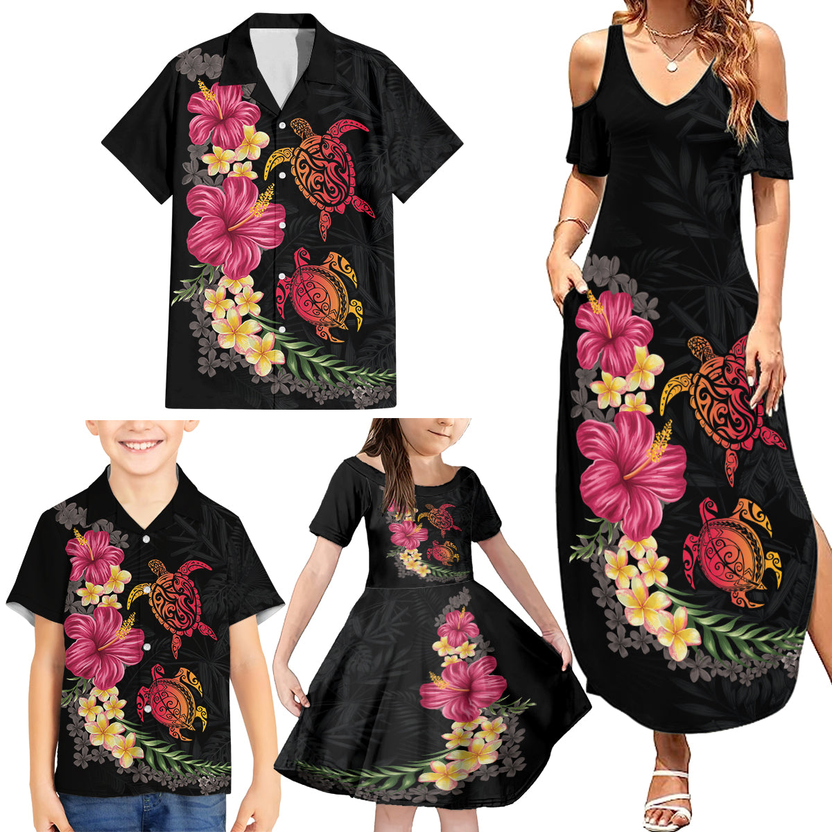 Hawaiian Flower and Tribal Turtle Family Matching Summer Maxi Dress and Hawaiian Shirt Colorful Style LT03 - Polynesian Pride