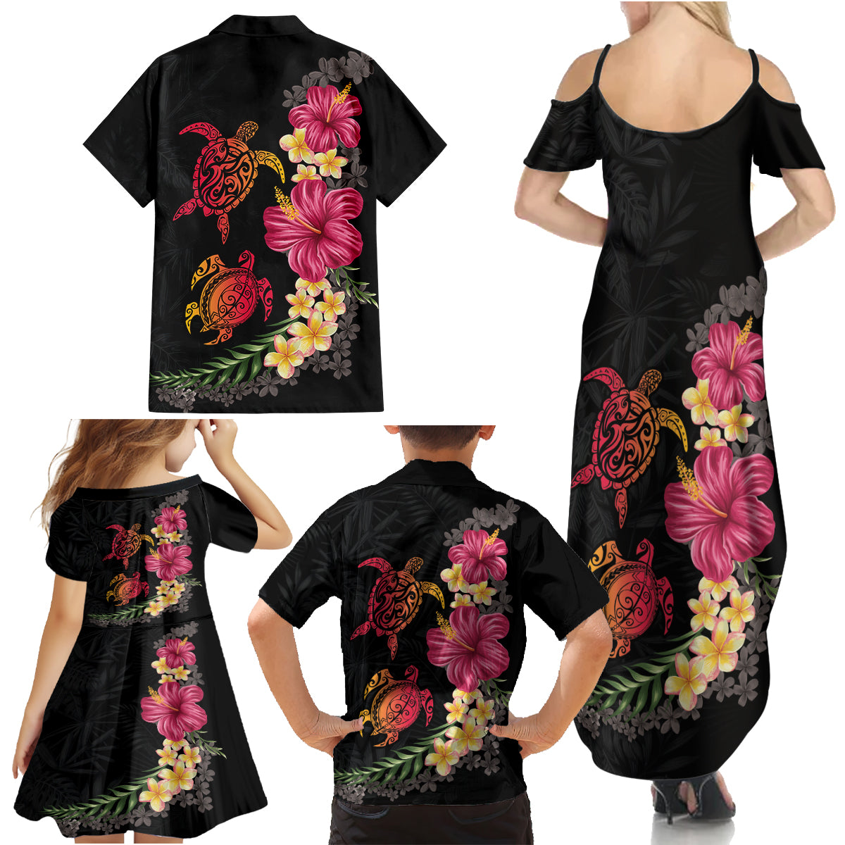 Hawaiian Flower and Tribal Turtle Family Matching Summer Maxi Dress and Hawaiian Shirt Colorful Style LT03 - Polynesian Pride