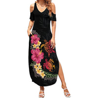 Hawaiian Flower and Tribal Turtle Family Matching Summer Maxi Dress and Hawaiian Shirt Colorful Style LT03 Mom's Dress Black - Polynesian Pride