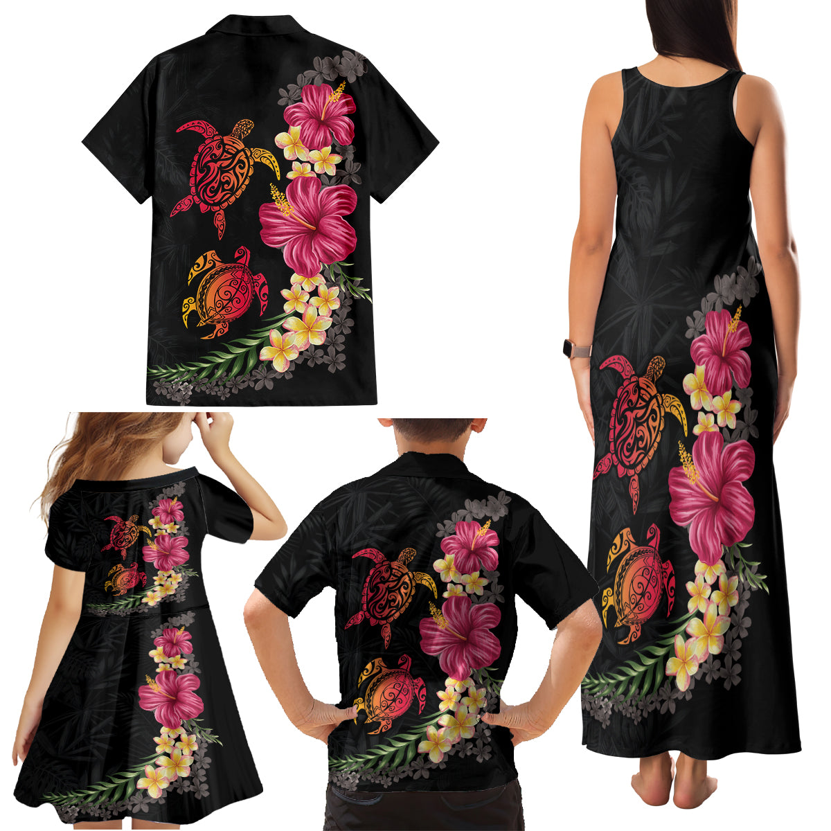 Hawaiian Flower and Tribal Turtle Family Matching Tank Maxi Dress and Hawaiian Shirt Colorful Style LT03 - Polynesian Pride