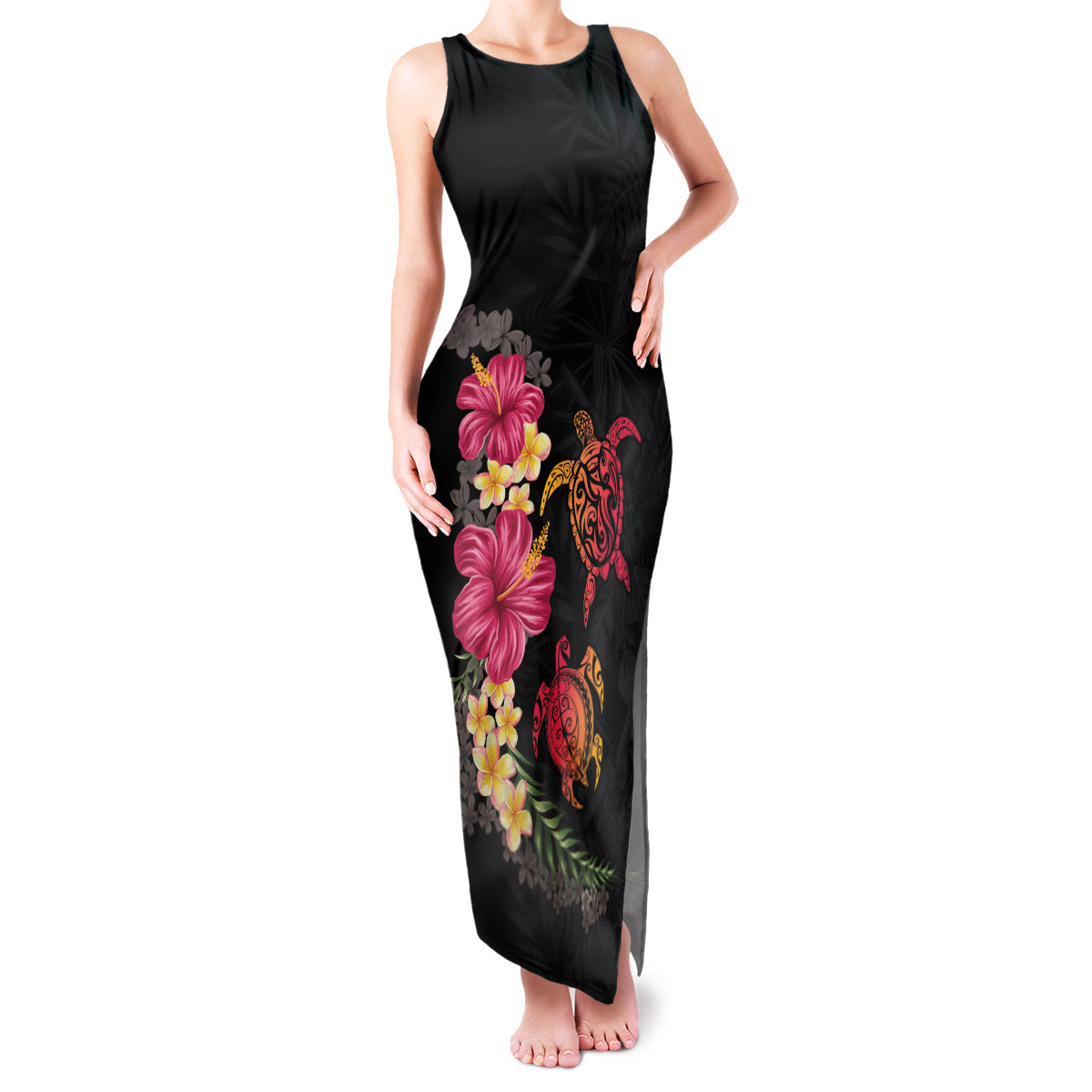 Hawaiian Flower and Tribal Turtle Family Matching Tank Maxi Dress and Hawaiian Shirt Colorful Style LT03 Mom's Dress Black - Polynesian Pride