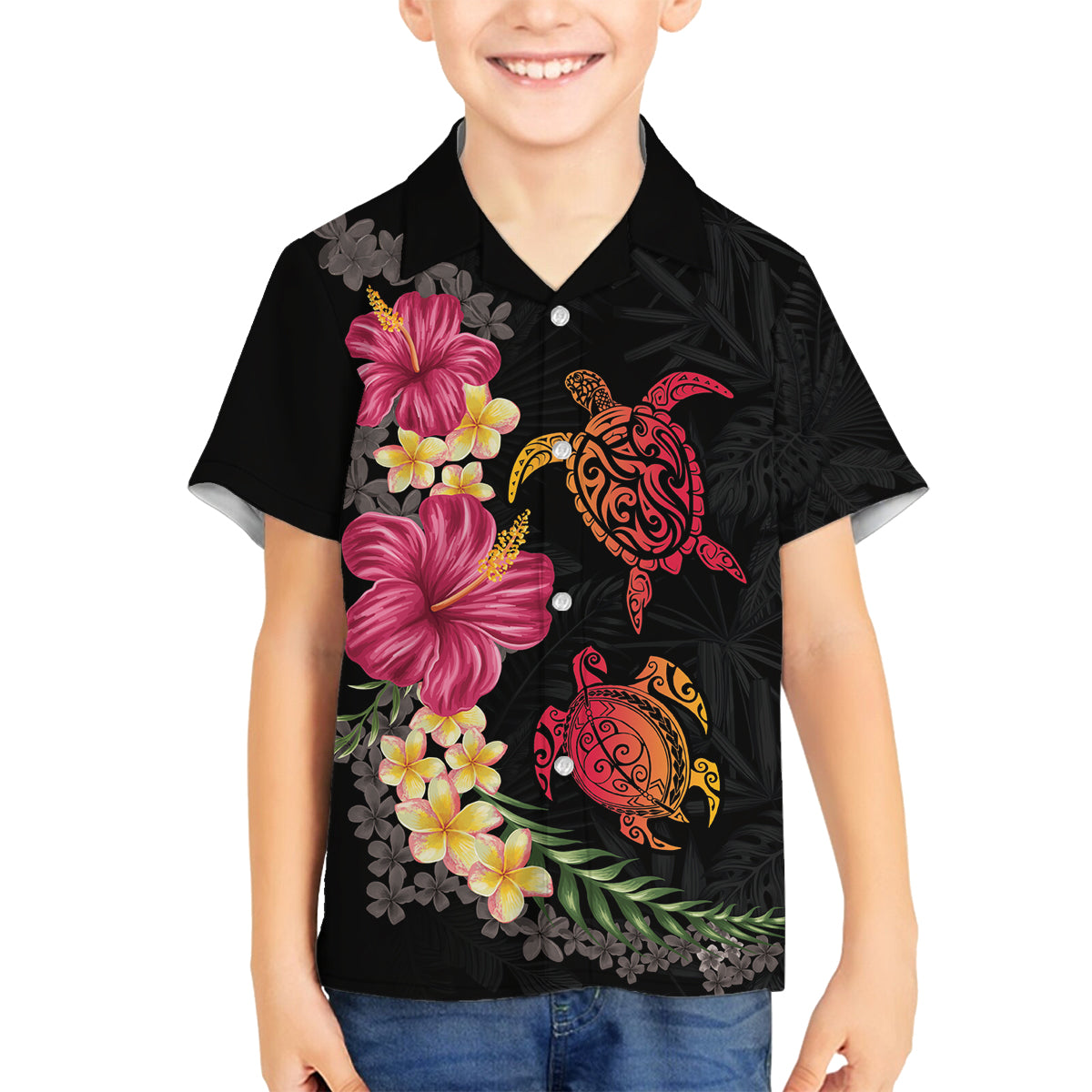Hawaiian Flower and Tribal Turtle Family Matching Tank Maxi Dress and Hawaiian Shirt Colorful Style LT03 Son's Shirt Black - Polynesian Pride