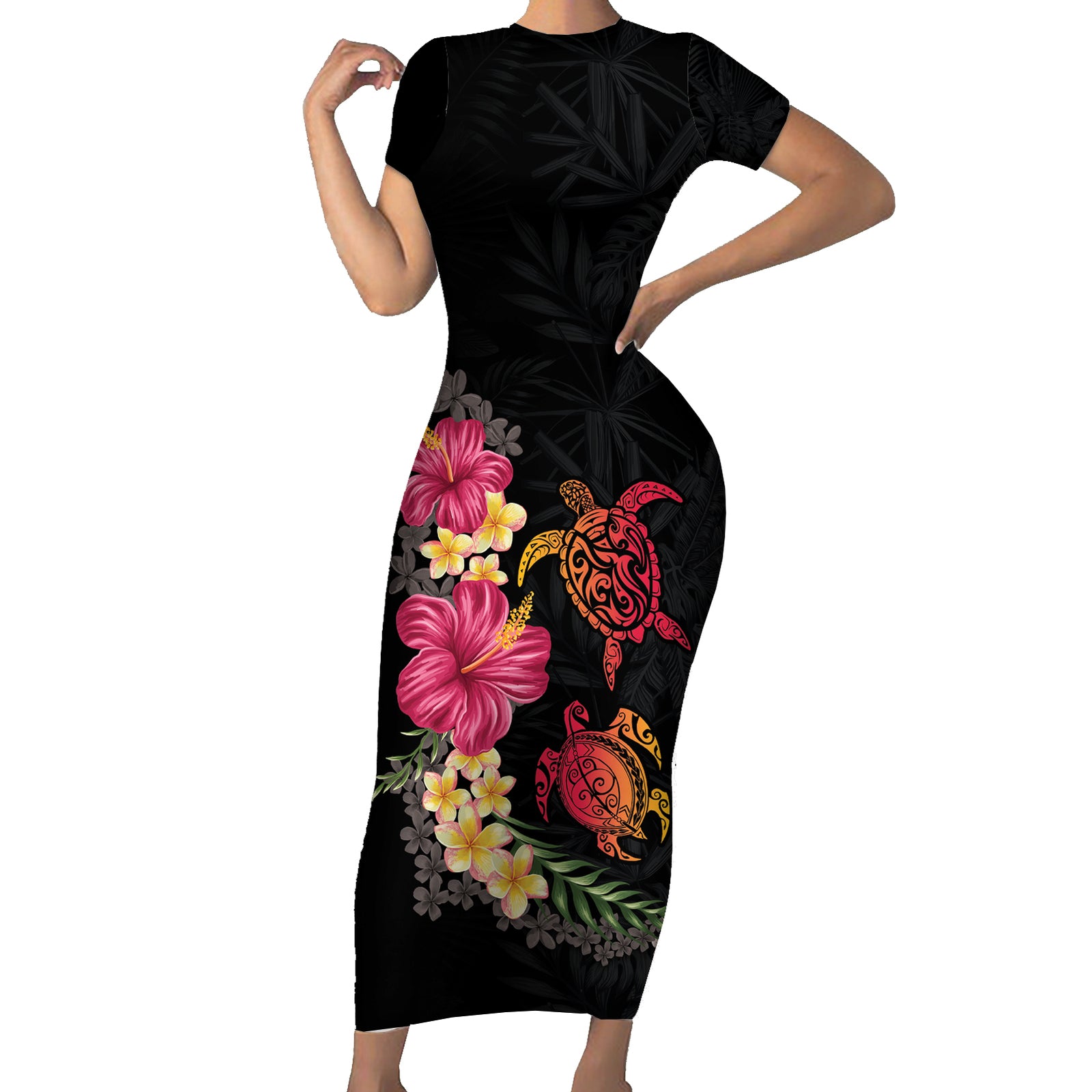 Hawaiian Flower and Tribal Turtle Short Sleeve Bodycon Dress Colorful Style LT03 Long Dress Black - Polynesian Pride
