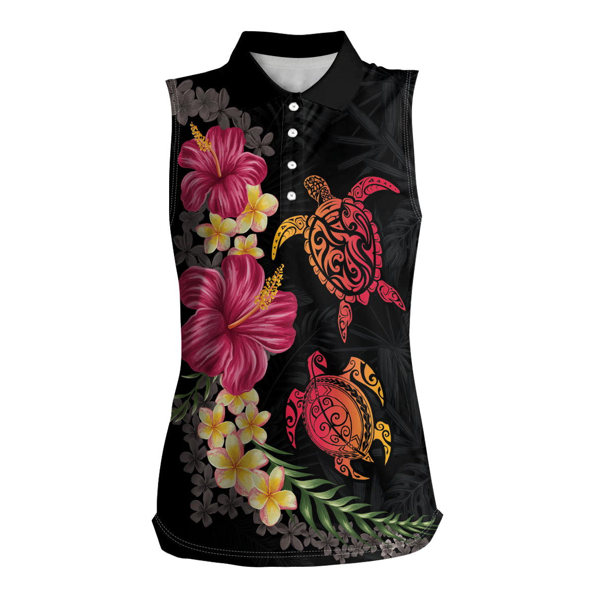 Hawaiian Flower and Tribal Turtle Women Sleeveless Polo Shirt Colorful Style