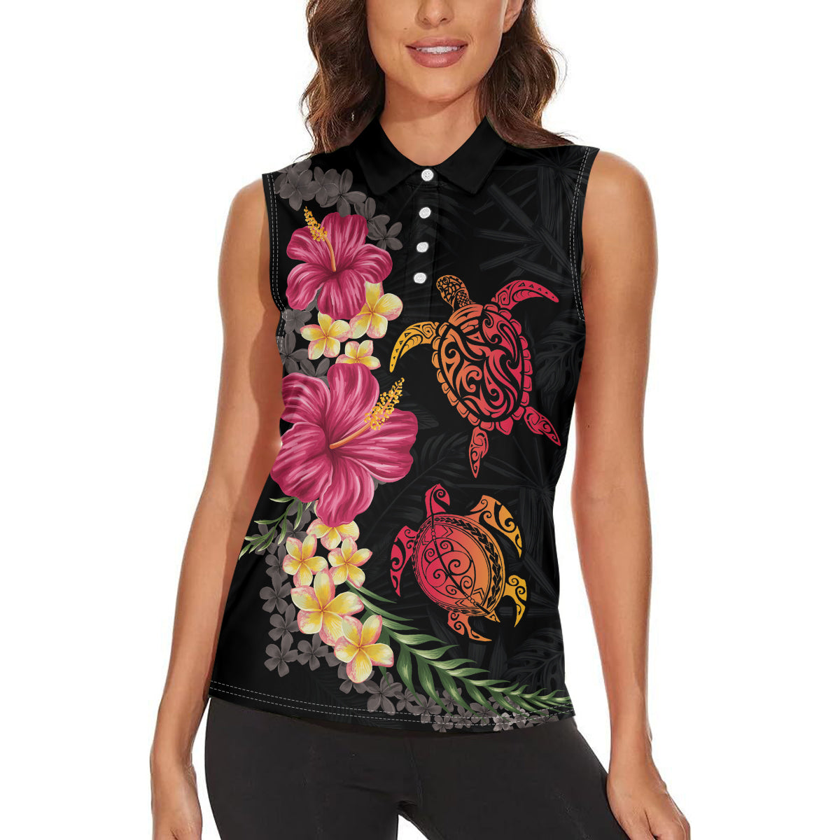 Hawaiian Flower and Tribal Turtle Women Sleeveless Polo Shirt Colorful Style