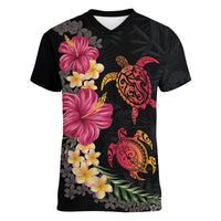 Hawaiian Flower and Tribal Turtle Women V-Neck T-Shirt Colorful Style