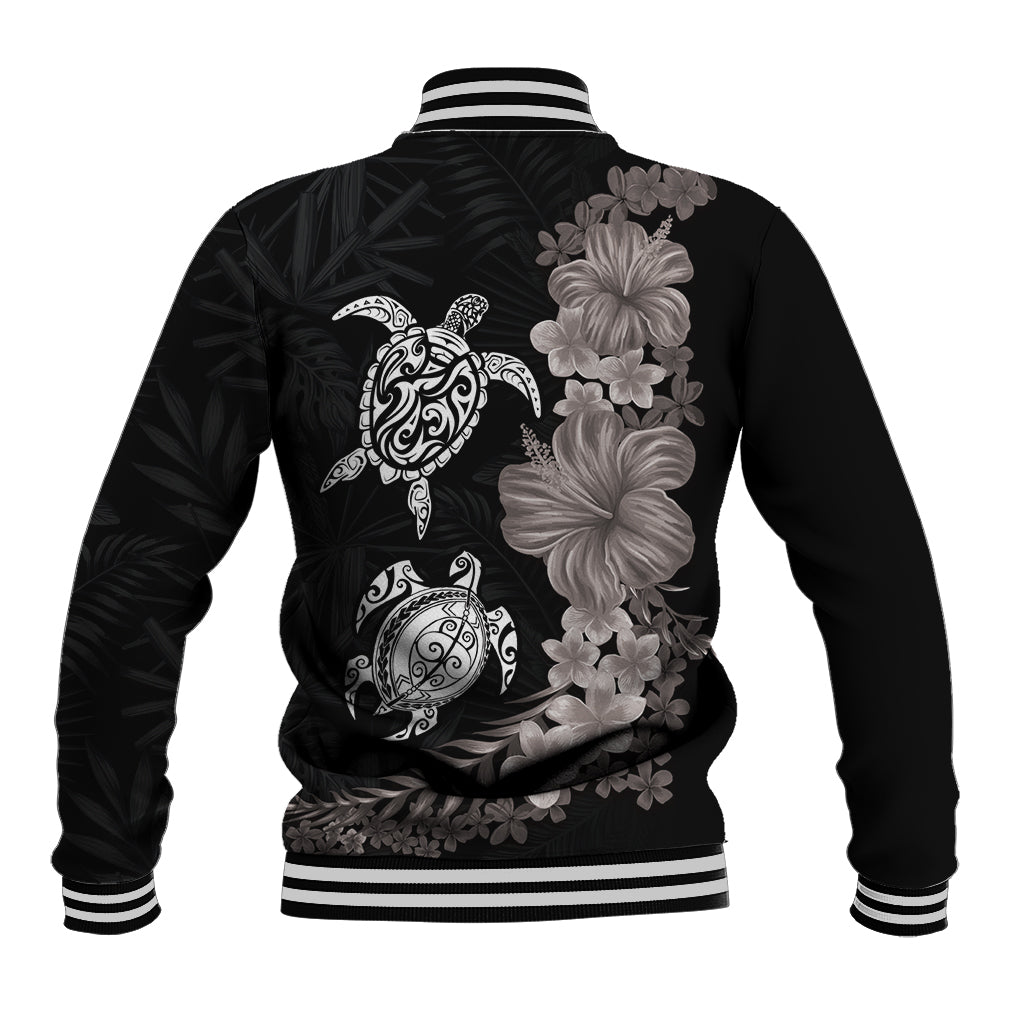 Hawaiian Flower and Tribal Turtle Baseball Jacket Grayscale Mode