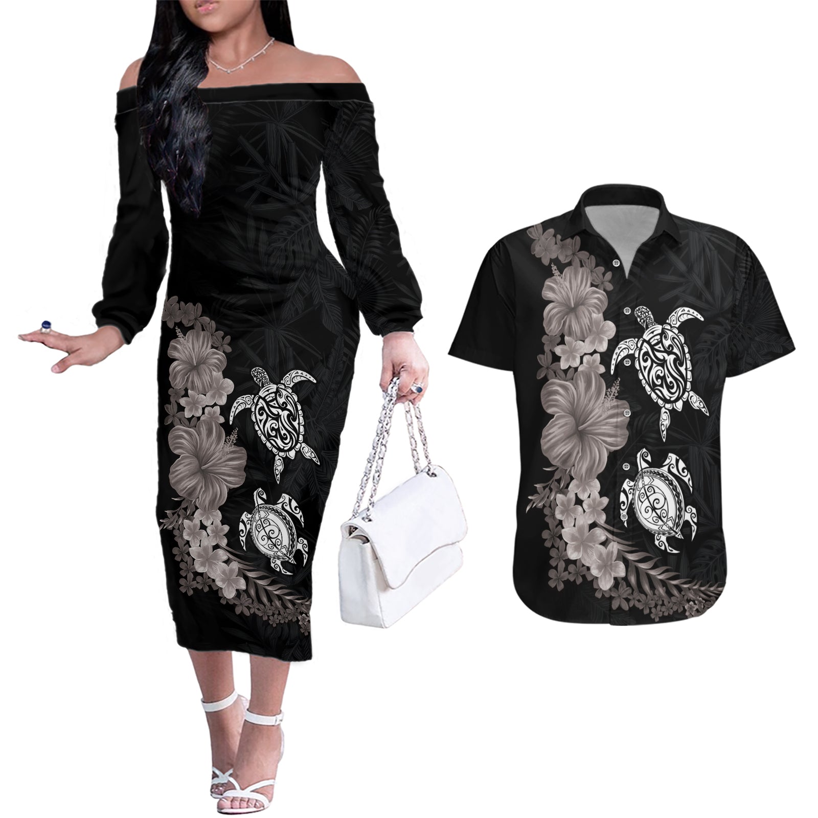 Hawaiian Flower and Tribal Turtle Couples Matching Off The Shoulder Long Sleeve Dress and Hawaiian Shirt Grayscale Mode