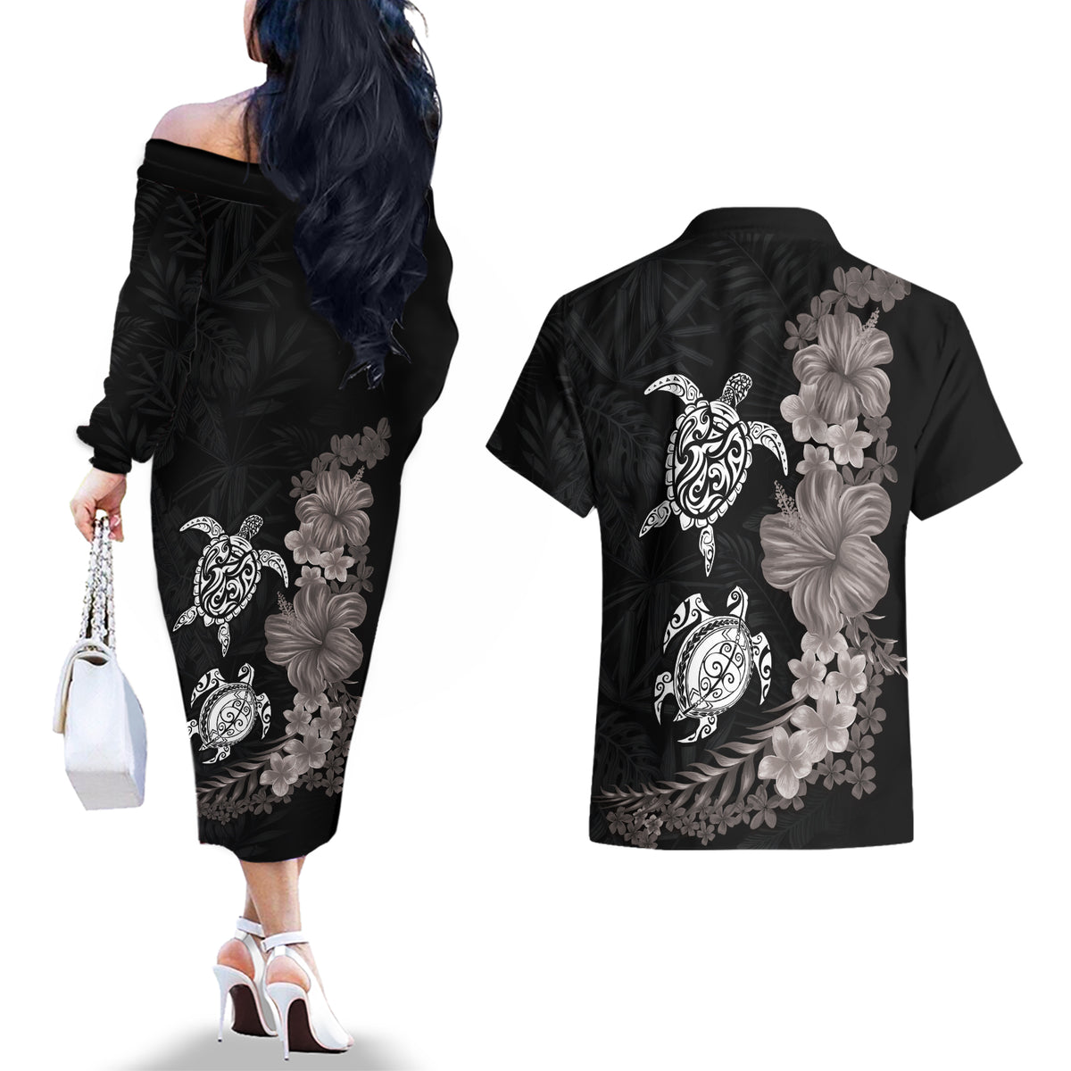 Hawaiian Flower and Tribal Turtle Couples Matching Off The Shoulder Long Sleeve Dress and Hawaiian Shirt Grayscale Mode
