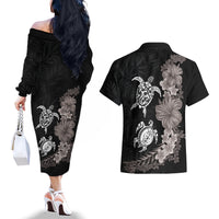 Hawaiian Flower and Tribal Turtle Couples Matching Off The Shoulder Long Sleeve Dress and Hawaiian Shirt Grayscale Mode