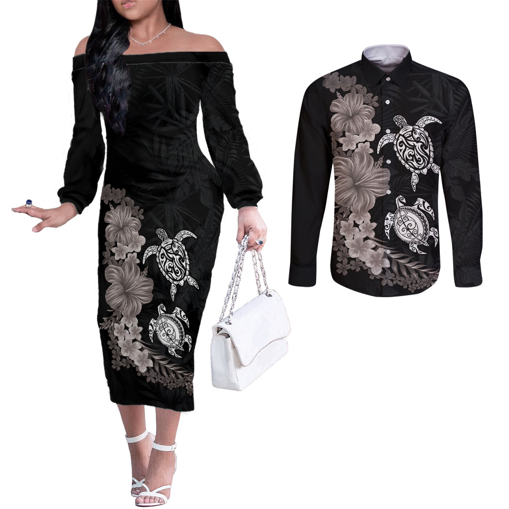 Hawaiian Flower and Tribal Turtle Couples Matching Off The Shoulder Long Sleeve Dress and Long Sleeve Button Shirt Grayscale Mode
